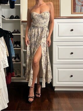 V. Chapman Cream Floral Strapless Corset Dress with Blue Accents